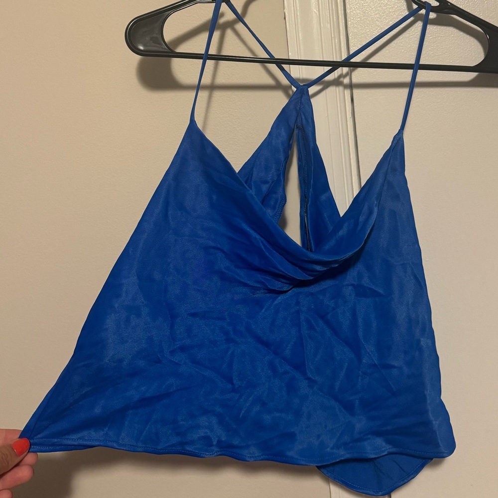 NWT Zara Royal Blue Satin Cowl Neck Top